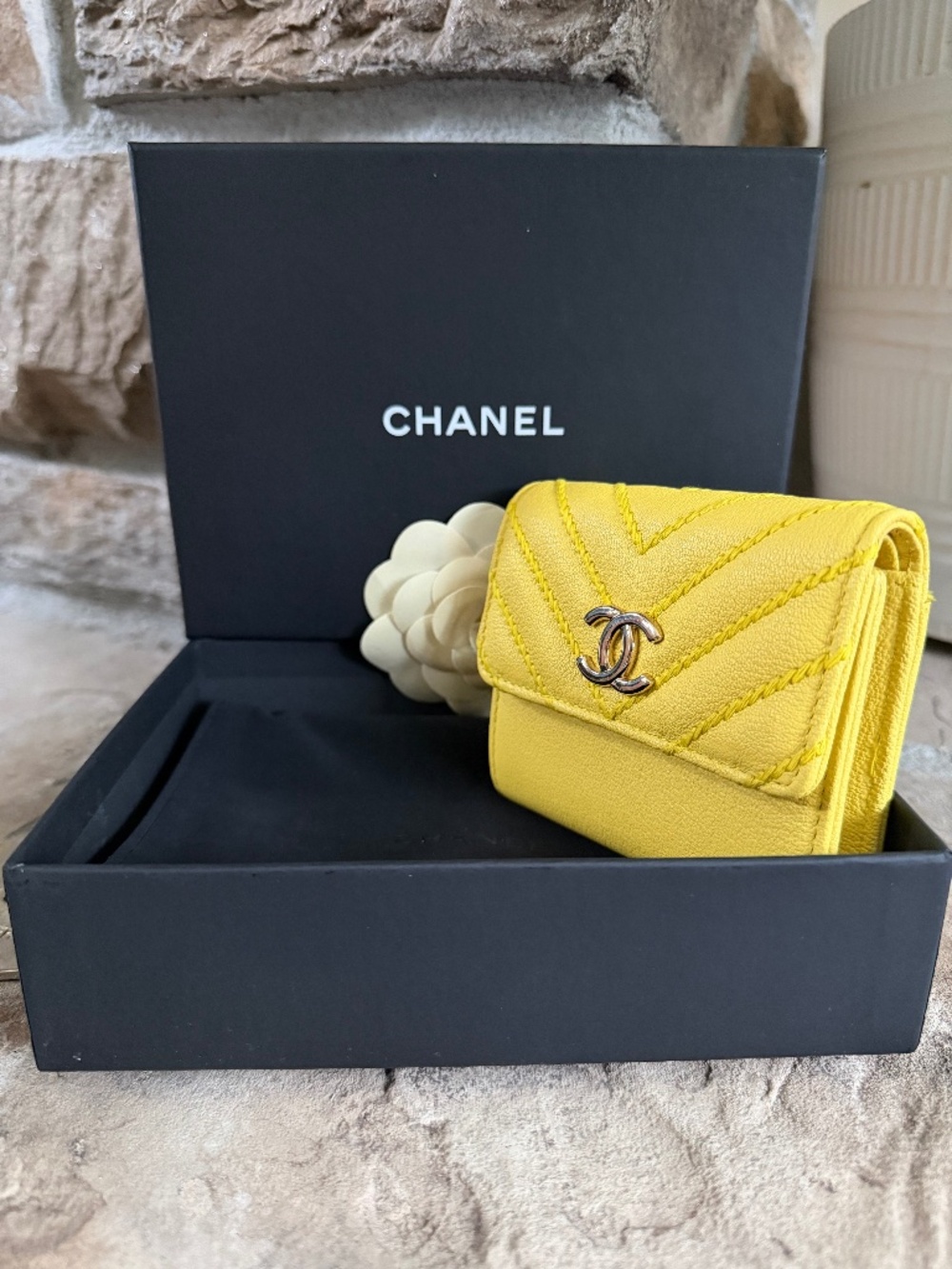 Chanel Chevron Caviar Leather Trifold Wallet - Yellow